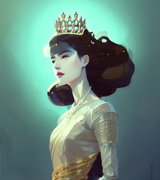 Prompt: portrait of a beautiful female immortal queen in complex and shiny dress 汉 服 by atey ghailan, by greg rutkowski, by greg tocchini, by james gilleard, by joe fenton, by kaethe butcher, dynamic lighting, gradient light blue, brown, blonde cream and white color scheme, grunge aesthetic