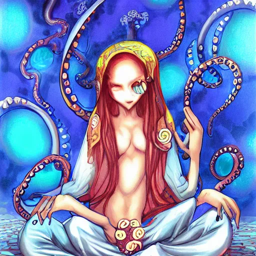 Prompt: octopus priestess in pajamas, underwater, fantasy, digital painting, pixiv
