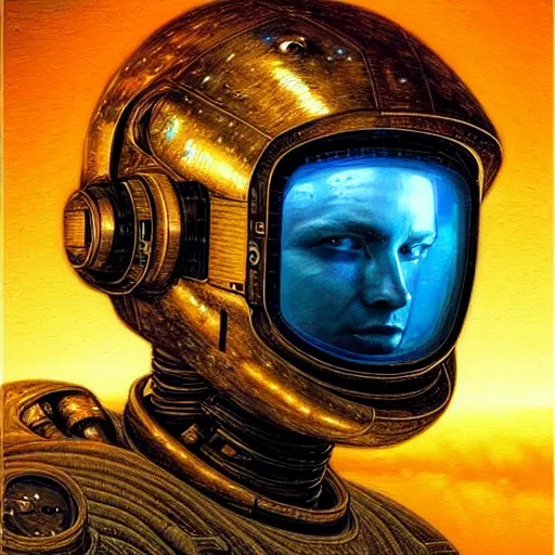 Image similar to cyberpunk astronaut, atmospheric lighting, painted, intricate, golden and blue hour, ultra detailed by peter gric, giger, enki bilal