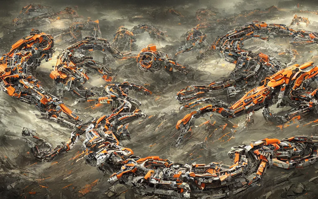 Image similar to giant robot centipede travelling across a broken landscape