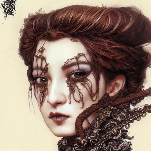 Image similar to portrait of a Shibari rope wrapped face and neck, headshot, insanely nice professional hair style, dramatic hair color, digital painting, of a old 13th century, traveler, amber jewels, baroque, ornate clothing, scifi, realistic, hyperdetailed, chiaroscuro, concept art, art by Franz Hals and Jon Foster and Ayami Kojima and Amano and Karol Bak,