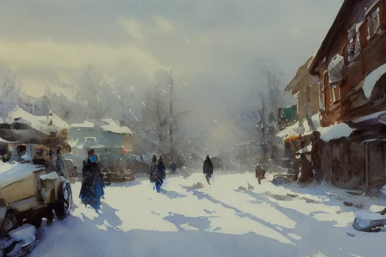 Prompt: small painted on white watercolor paper, paint brush strokes, abstract watercolor painting of western town, snowy weather, winter, american frontier, midday sharp light, dust, cinematic light, american romanticism by hans dahl, by jesper ejsing, by anders zorn, by greg rutkowski, by greg manchess, by tyler edlin