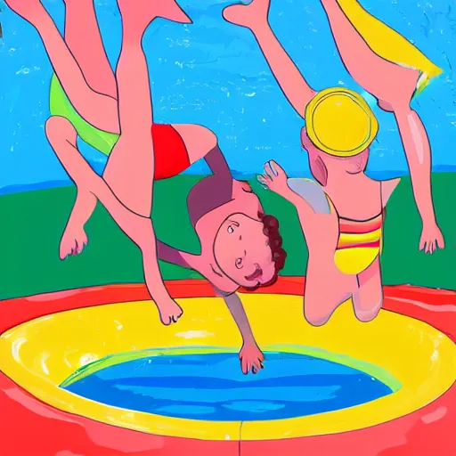 Image similar to a colorful and playful illustration of children playing in a swimming pool