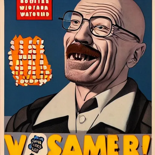 Image similar to creepy walter white with a scary comically large smile, 1940's scare tactic propaganda art