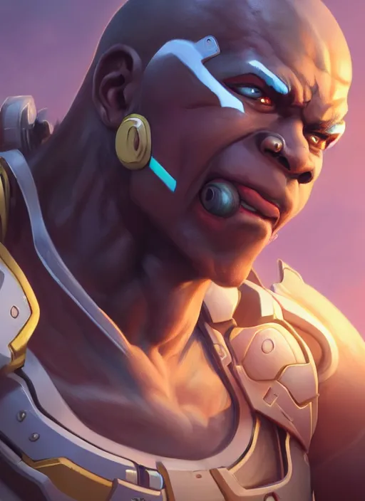 Image similar to character portrait of a fusion of Doomfist from Overwatch and Lucio from Overwatch by ArtGerm and Tom Bagshaw, 4k, highly detailed, cinematic lighting, characters merged