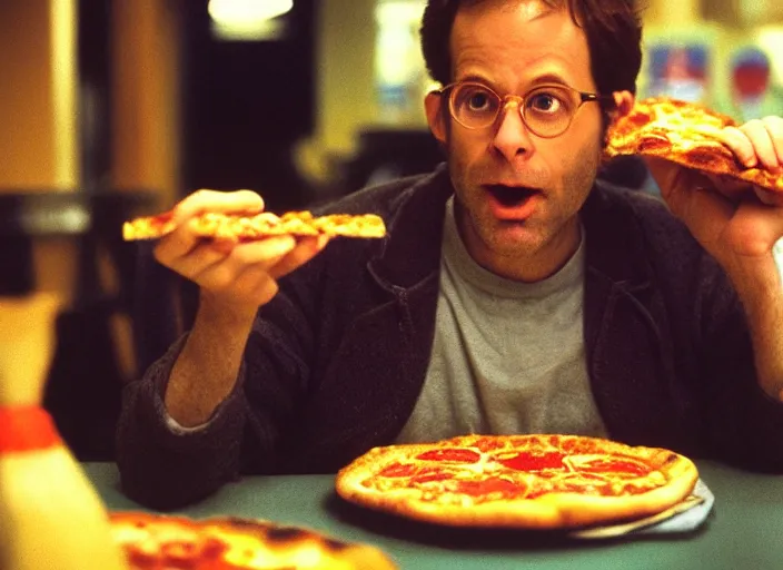 Prompt: detailed portrait of charlie kaufman eating pizza at chuck - e - cheese, dramatic lighting, moody film still from being john malkovich ( 2 0 1 0 ), 3 5 mm kodak color stock, 2 4 mm lens, directed by spike jonze, ecktochrome