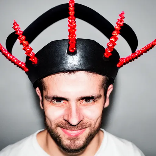 Prompt: man with a crown, smirk, photograph, black backgrounds, red eyes
