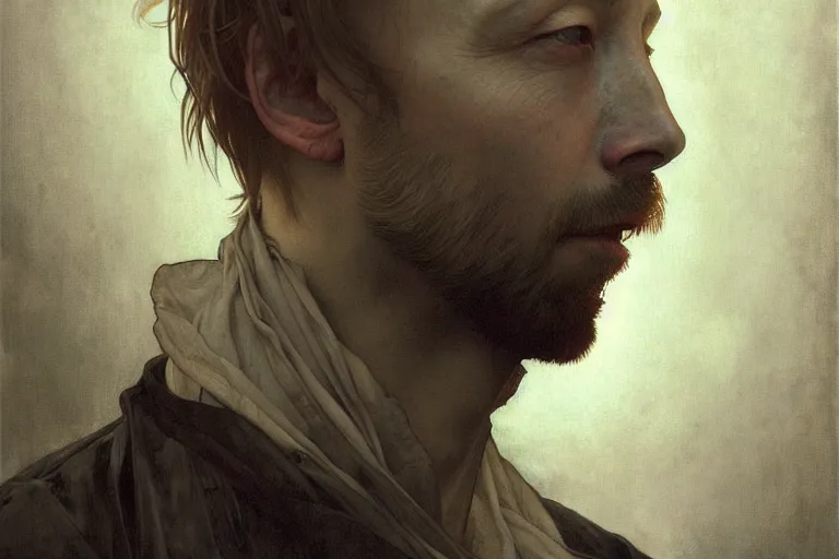 Image similar to hyper realistic portrait of wider faced thom singer songwriter yorke, by lee bermejo, alphonse mucha and greg rutkowski