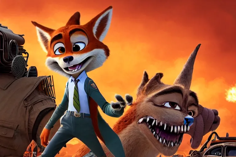 Image similar to nick wilde ( from zootopia ), heavily armed and armored facing down armageddon in a dark and gritty reboot from the makers of mad max : fury road