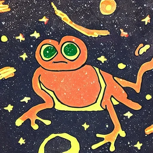 Prompt: cave painting of pepe the frog with star and galaxies