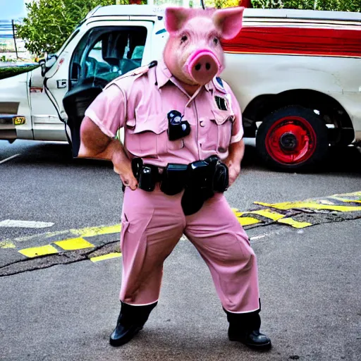 Prompt: pig cop photograph.