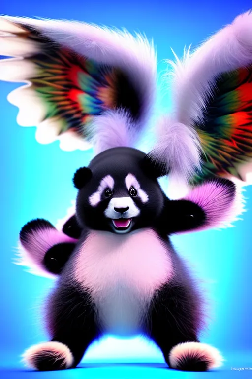 Prompt: high quality 3 d render hyperrealist very cute multicolor stripped fluffy! phoenix panda hybrid with wings!!!, highly detailed, vray smooth, in the style of detective pikachu, hannah yata charlie immer, dramatic blue light, low angle, uhd 8 k, sharp focus