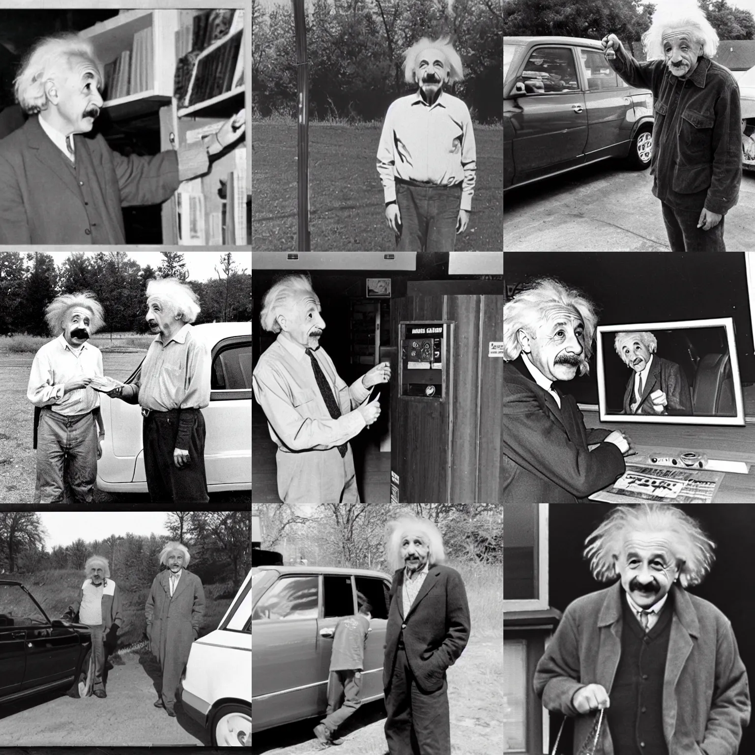 Prompt: trailcam photo of albert einstein buying a used car