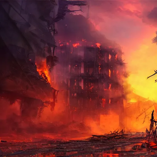 Prompt: apocalyptic futuristic world, sunset, skeletons rising from the ground, colorful sky, distant burning fires, skeleton walking around, destroyed buildings, street view, concept art, fantasy, illustration, 8 k, high detail, artstation award