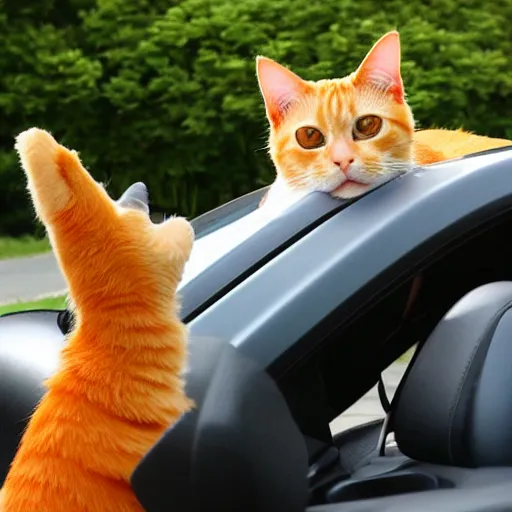 Image similar to an orange tabby cat driving a car