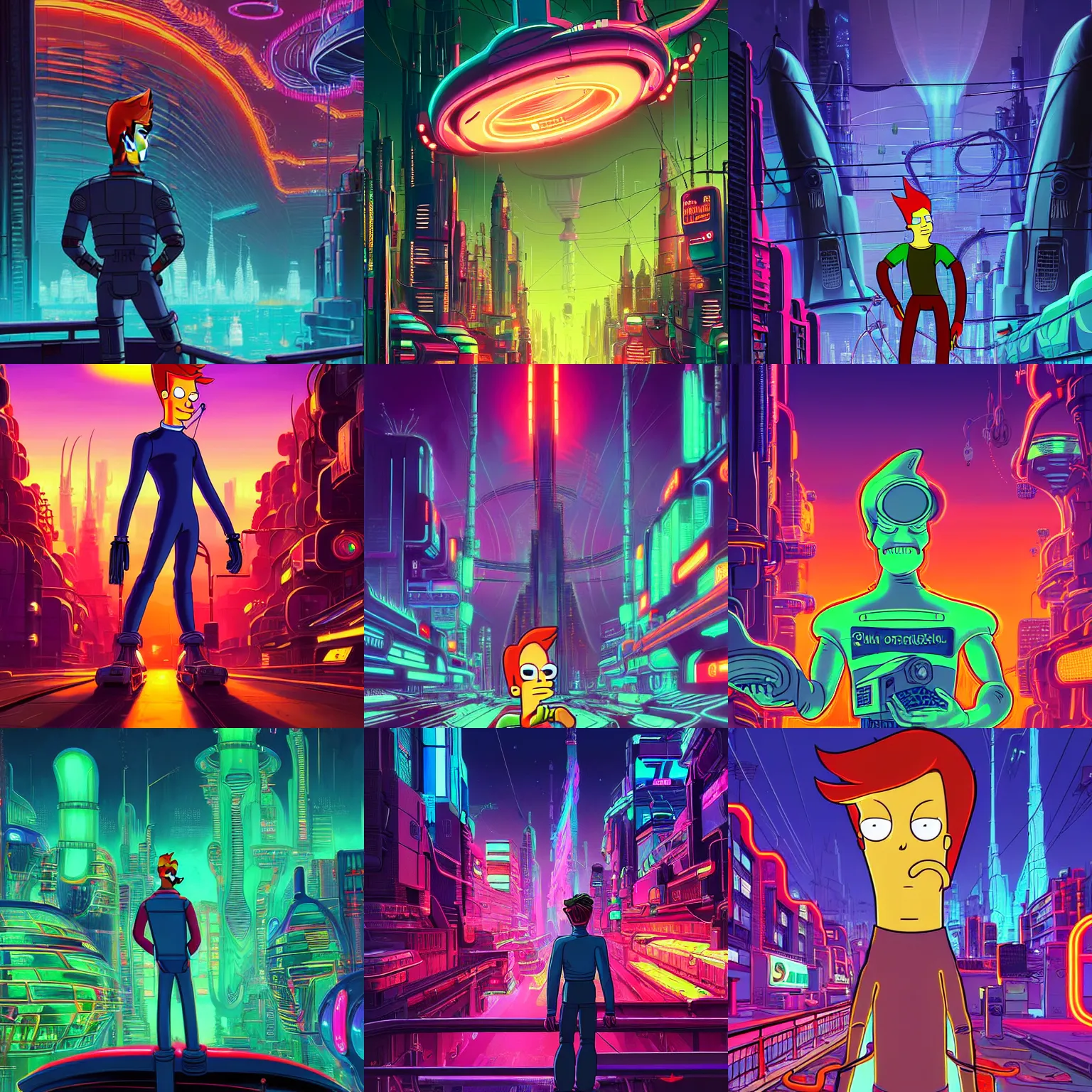 Prompt: philip j. fry in full growth from futurama inside an scifi tentacles wires futuristic city, beautiful neon cats, cinematic, highly detailed, photorealistic, rich bright colors, trending on artstation, giger, tsutomu nihei, trending on cgsociety, awe inspiring bruce pennington cityscape, digital art painting of 1 9 6 0 s