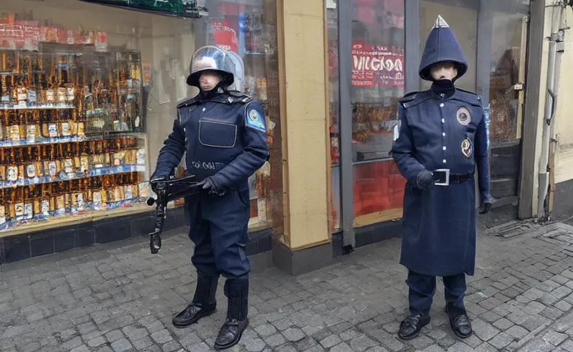 Image similar to Photo of Russian robot cop in Moscow guarding a vodka store, with babushkas in the background