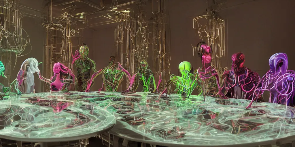 Image similar to !13 diverse aliens on !one_side of a !marble table, eating luxurios food !!posing_as_last_supper cinematic lighting, their clothes are high tech suits, intricate cables adorne their bodies and heads, neon, detailed implants, satin, crystal, liquid, surreal, floating, !!highly detalied, 8k, artstation, by Rolf Armstrong