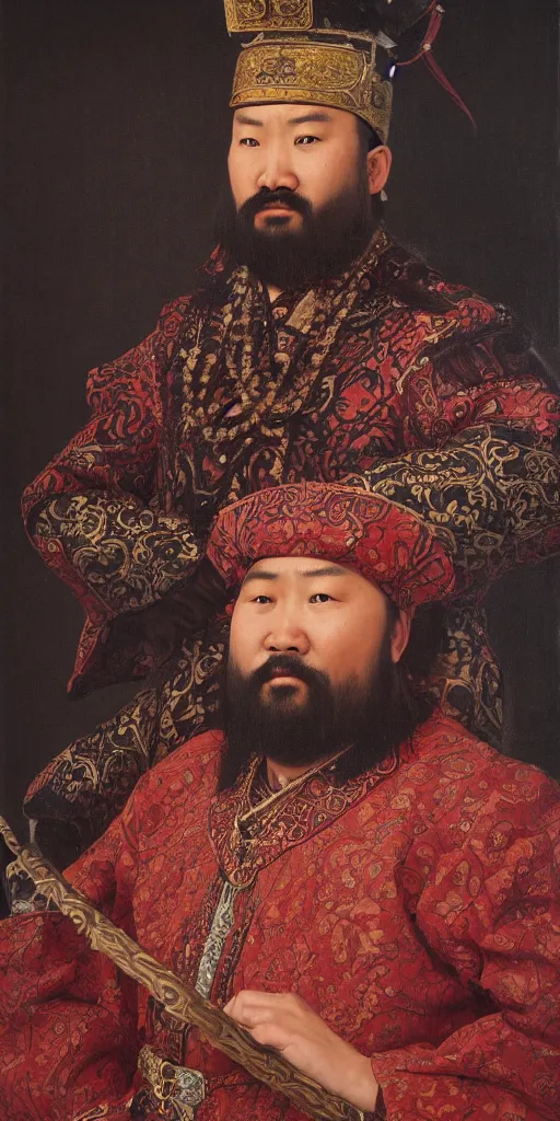 Image similar to Highly detailed and cinematic Renaissance period portrait oil painting of the Mongol Emperor Kublai Khan, an oil painting ((masterpiece)) by ((Josep Tapiró Baró)), dynamic lighting, 8K