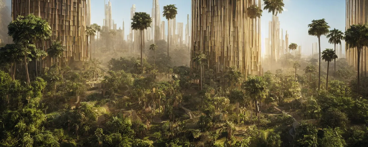 Image similar to contemporary golden babylon tower, sacred ancient architecture, hanging gardens, cascading highrise, arid mountains with lush palm forest, sunlight, post - production, octane, cgi, sfx