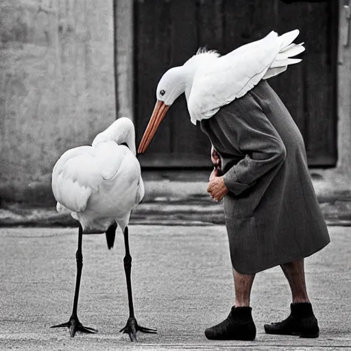 Image similar to an old man arguing with a stork, the stork is winning, stork is shouting at the old man, award-winning photograph, national geographic, trending on Facebook