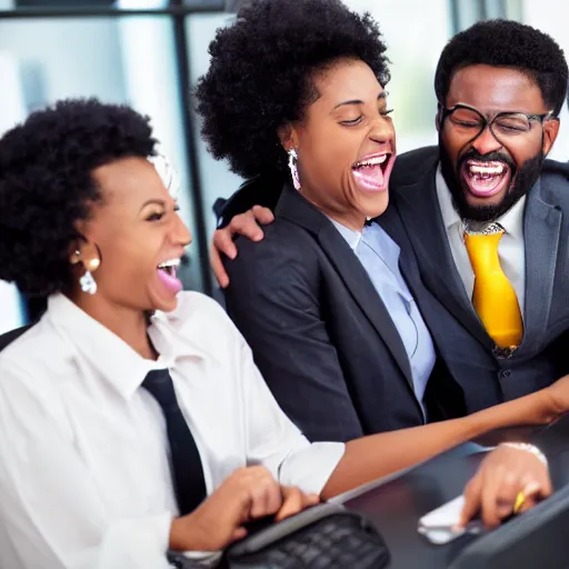 Image similar to stock photo of three black people laughing wearing suits and ties in an office building, 8k resolution, full HD, cinematic lighting, award winning, anatomically correct