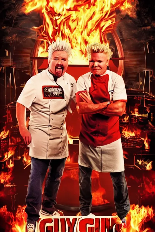 Image similar to guy fieri and gordon ramsay, drew struzan poster, cinematic, rim lighting, glow, haze, volumetric lighting