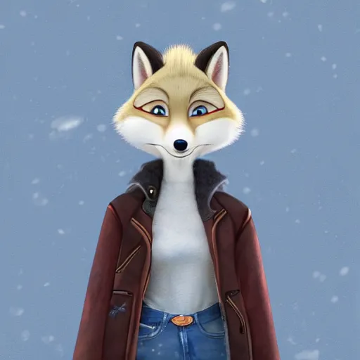 Prompt: upper half portrait, of a anthropomorphic female snow fox, with short fur covering her body and silver eyes, wearing a denim jacket, in the style of zootopia, far shot,