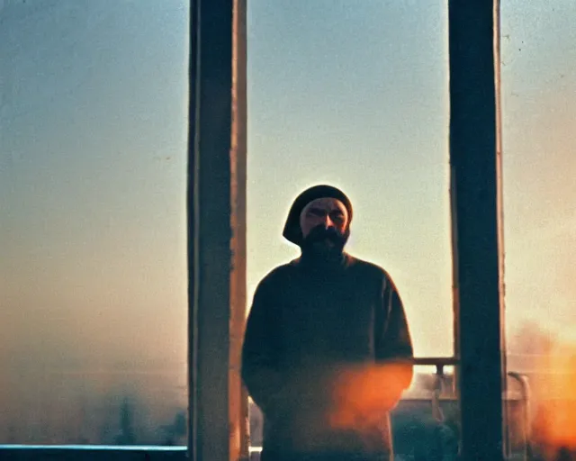 Prompt: 4 0 years russian man with beard and sweater standing on small hrushevka 9 th floor balcony in taiga looking at sunset, award - winning lomographic tarkovsky film still, kodak ektar, bokeh