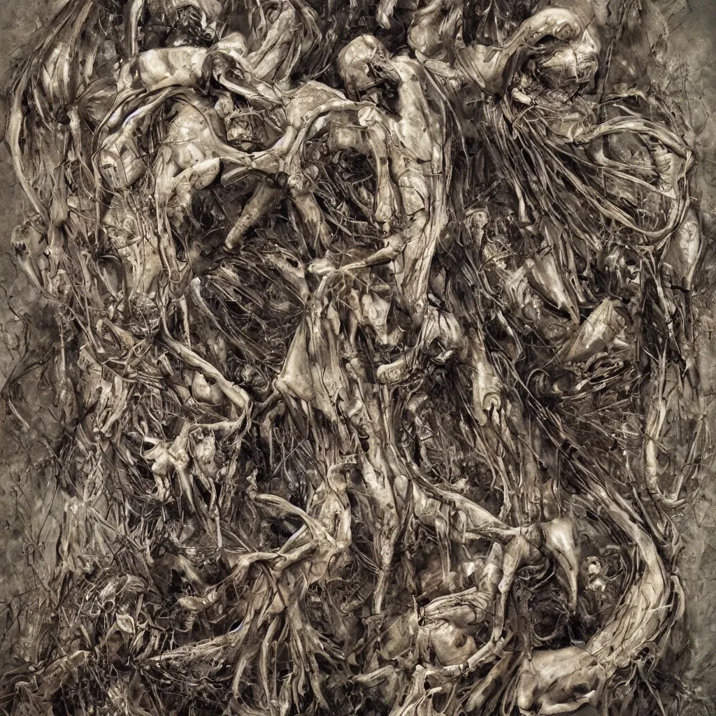 Image similar to realistic shot bloody bones, organs and flesh, biomechanical technology, natural light, by h r giger