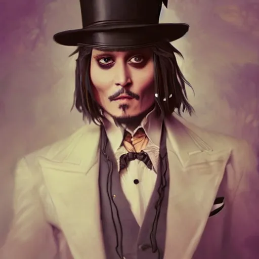 Prompt: johnny depp wearing a top hat, warm fantasy, wenjun lin, studio ghibli, artgerm