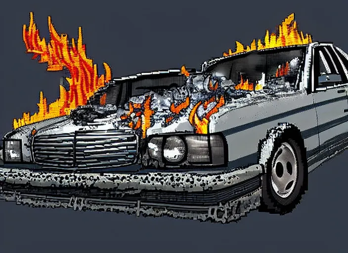 Image similar to burning wrecked mercedes 1 2 4, pixelart by kirokaze, award winning. dramatic. trending on artstation. very low quality, low resolution sync by honeybunny