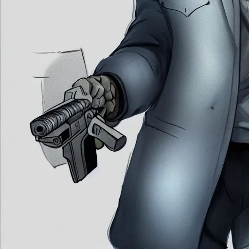 Prompt: a hand holding a gun is poking out from a folded piece of paper, concept art, anime, 4 k.