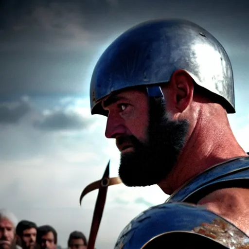 Image similar to cinematic action shot of joe biden as leonidas in 3 0 0 movie, 8 k, epic moody sky, dramatic lighting