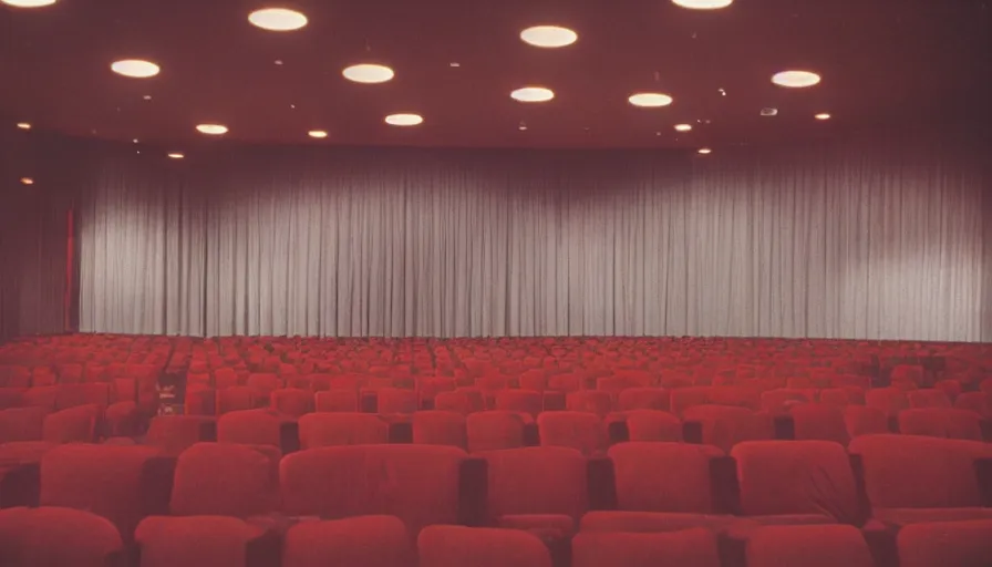 Prompt: 60s movie still of empty movie theater, cinestill 800t 50mm eastmancolor, liminal Space style, heavy grain-s 150