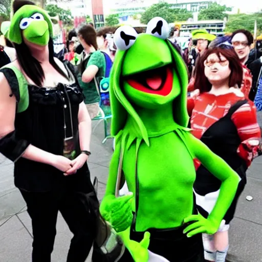 Image similar to kermit the frog cosplayers at a cosplay meet up in a anime convention