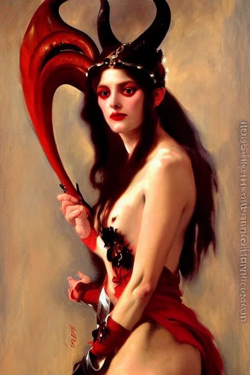 Image similar to painted close - up portrait of a attractive red - skinned intimidating demon girl with ram horns! oil painting, wearing a noblewoman's outfit, fantasy art by john singer sargent and gaston bussiere, demon noble character design, hd