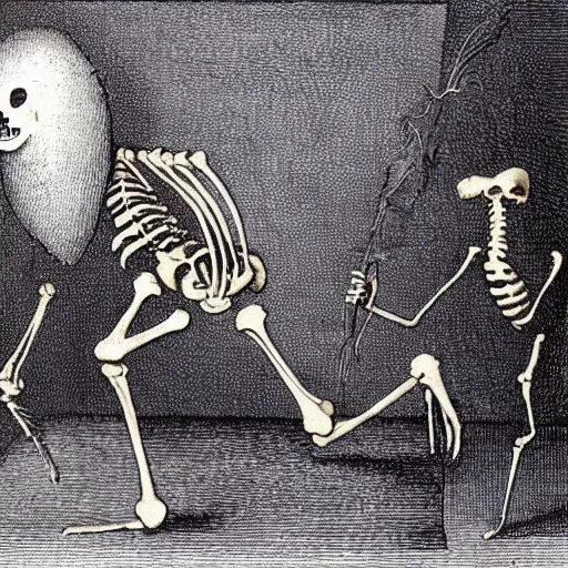 Image similar to a skeleton walking towards a man who is lying on a bed, in the style of Hieronymus Bosch.