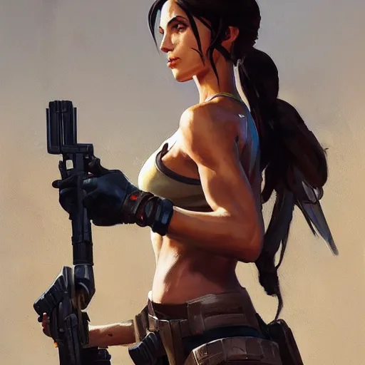 Image similar to greg manchess portrait painting of partially armored lara croft as overwatch character, close - up shot, asymmetrical, profile picture, organic painting, sunny day, matte painting, bold shapes, hard edges, street art, trending on artstation, by huang guangjian and gil elvgren and sachin teng