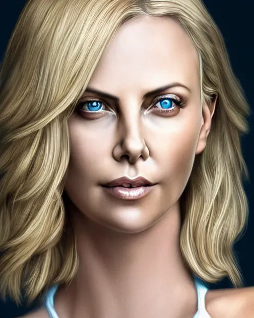 Image similar to charlize theron, photo, ultra detail, photoreal, professionally retouched, soft moonlight lighting, shiny plastic bikini, realistic, smooth face, goddess, luscious lips, perfect eyes, wide angle, sharp focus on eyes, 8 k high definition, insanely detailed, intricate, elegant, art by artgerm and wlop