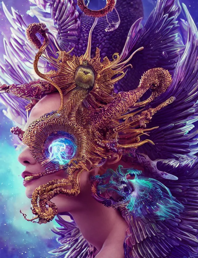 Image similar to goddess phoenix macro close - up portrait with crown made of ram skull. phoenix, betta fish, jellyfish, bioluminiscent, plasma, wind, creature, super intricate ornaments artwork by tooth wu and wlop and beeple and greg rutkowski