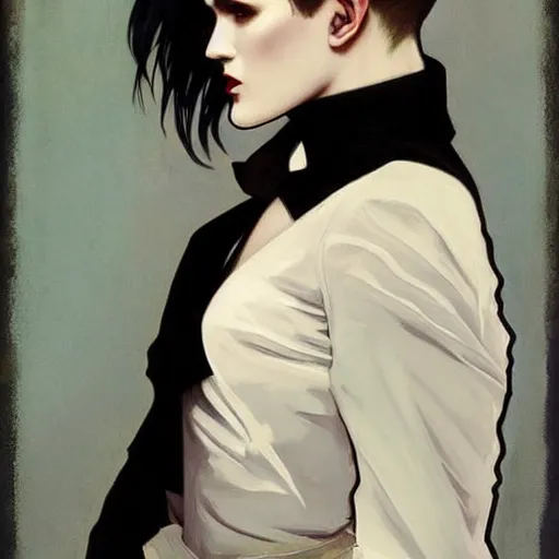 Image similar to beautiful portrait of androgynous ruby rose as desire from sandman in a white tuxedo!!!, rockabilly style, by alphonse mucha, cedric peyravernay, by jeremy mann, by frank moth, white suit and black tie, soft lightning, high detailed, 8 k