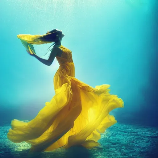 Image similar to woman dancing underwater wearing a flowing dress made of blue, magenta, and yellow seaweed, delicate coral sea bottom, swirling silver fish, swirling smoke shapes, octane render, caustics lighting from above, cinematic, hyperdetailed