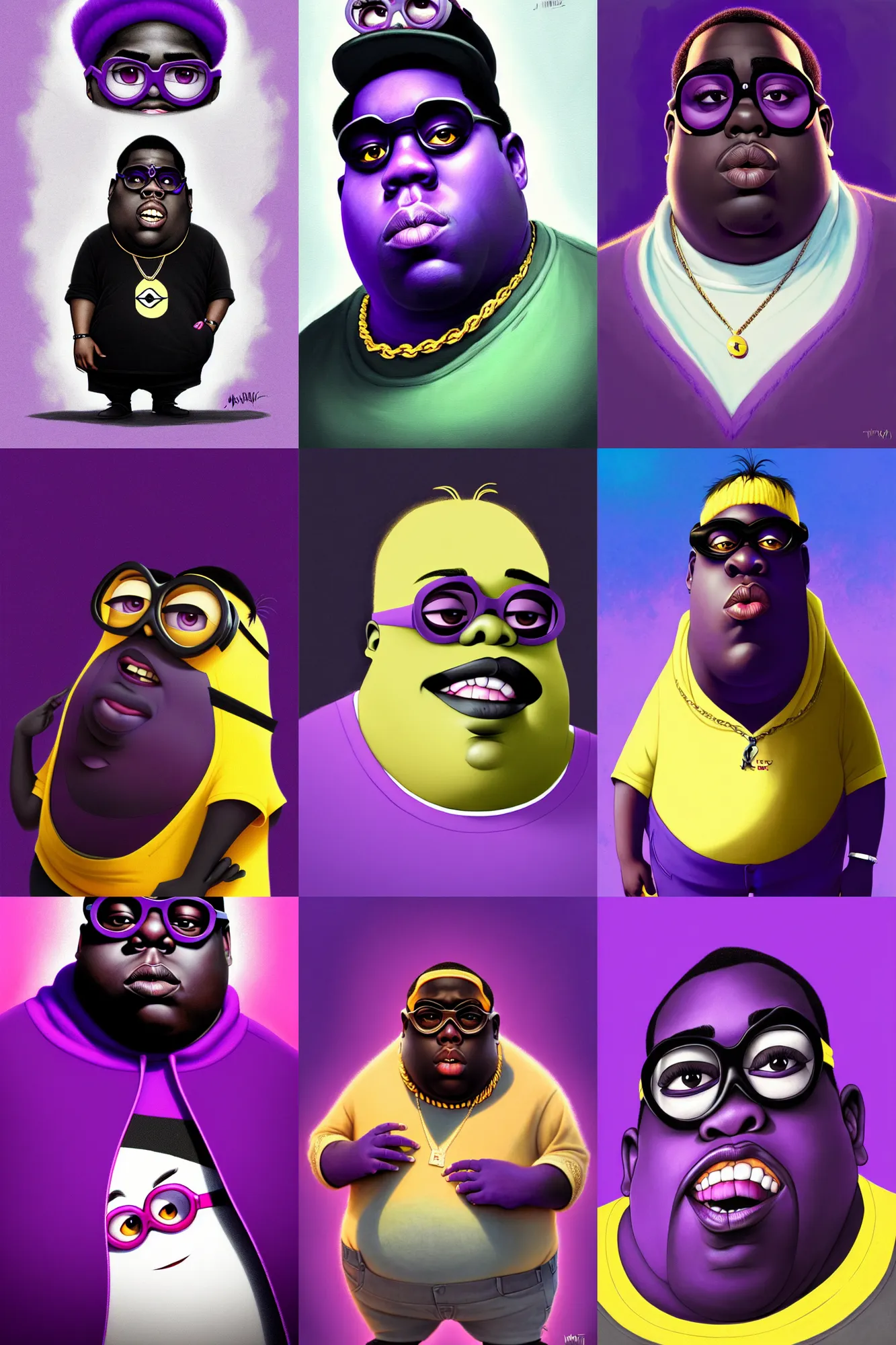 Prompt: the notorious b. i. g. as a purple evil minion from despicable me, animation pixar style, shaded lighting poster by magali villeneuve, artgerm, jeremy lipkin and michael garmash, rob rey and kentaro miura style, trending on art station