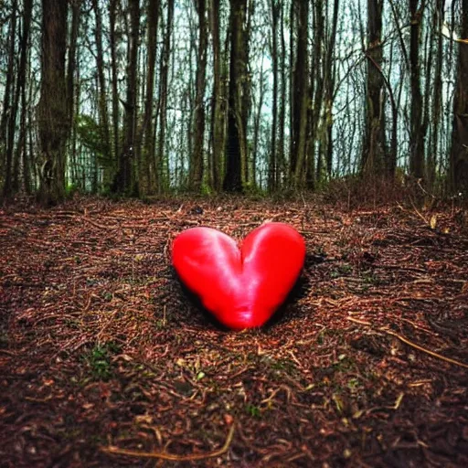 Prompt: photograph of a real human heart sitting on the ground in a forest of dead trees