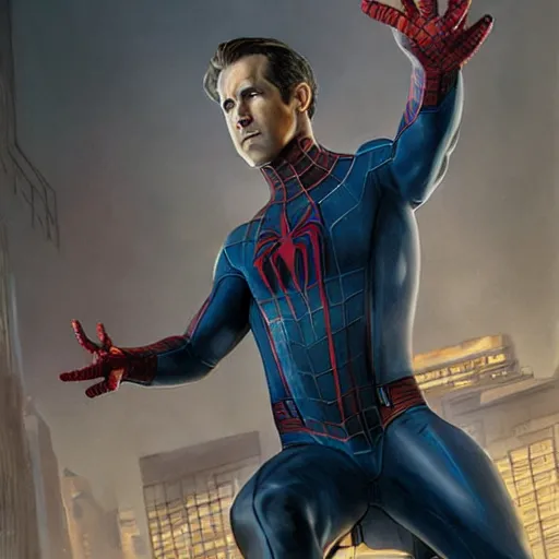 Image similar to ryan reynolds as spider - man, wearing a black and blue suit, cinematic, volumetric lighting, f 8 aperture, cinematic eastman 5 3 8 4 film, photorealistic by greg rutkowski, by stanley artgerm, by alphonse mucha