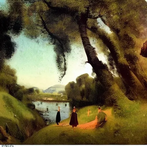 Image similar to A beautiful sculpture of of a landscape. It is a stylized and colorful view of an idyllic, dreamlike world with rolling hills, peaceful looking animals, and a flowing river. The scene looks like it could be from another planet, or perhaps a fairy tale. CCTV by Camille Corot, by Adolph Menzel terrifying