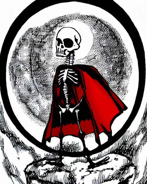 Prompt: A skeleton dressed in a red dress standing in front of a full moon with a black cape and a red cape over his head