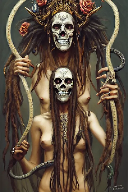 Image similar to evil angels that look like hippies with dreadlocks dancing with snakes, fantasy, face with skull mask, long hair, intricate, elegant, highly detailed, digital painting, artstation, concept art, smooth, sharp focus, illustration, art by artgerm and greg rutkowski and aleister crowley