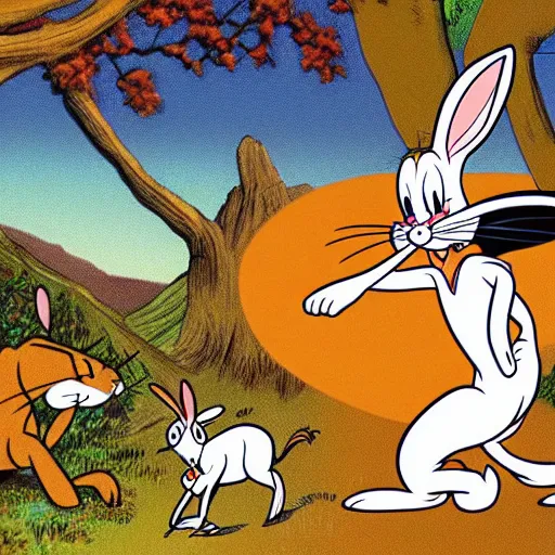 Image similar to bugs bunny being stalked and eaten by a mountain lion, animated, old cartoon style